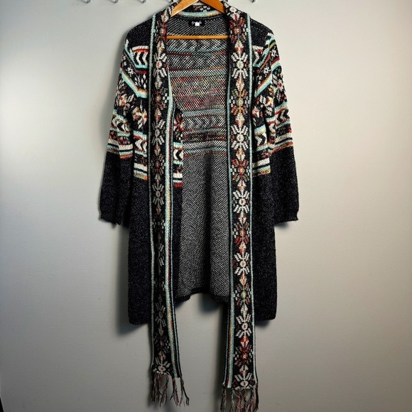 Fresh FX Women's Acrylic Long Scarf Open Cardigan Sweater Size Large Aztec - Picture 1 of 14